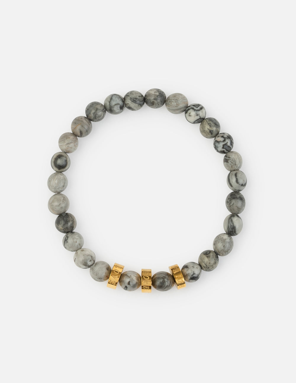Stone bracelet with Faith Hope Love charms by Elevated Faith, featuring smooth stones and meaningful engraved symbols.