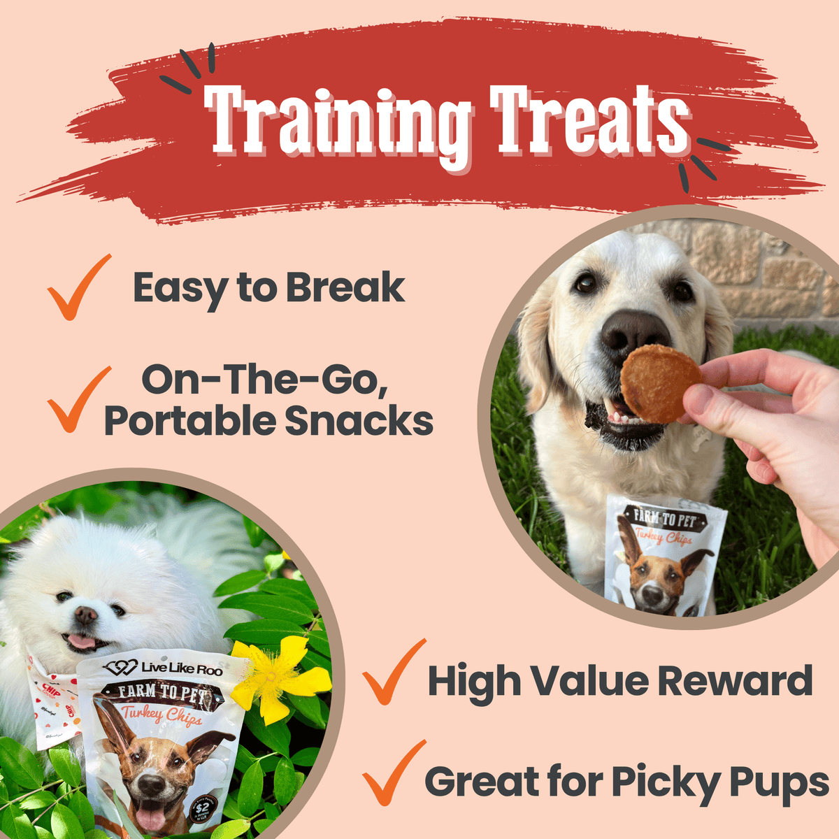 Farm To Pet Live Like Roo Turkey Chips for Dogs, antibiotic-free dog treats in a bag, ideal for training and healthy snacking.