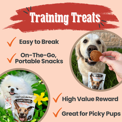 Farm To Pet Live Like Roo Turkey Chips for Dogs, antibiotic-free dog treats in chip form, ideal for training and giving back.