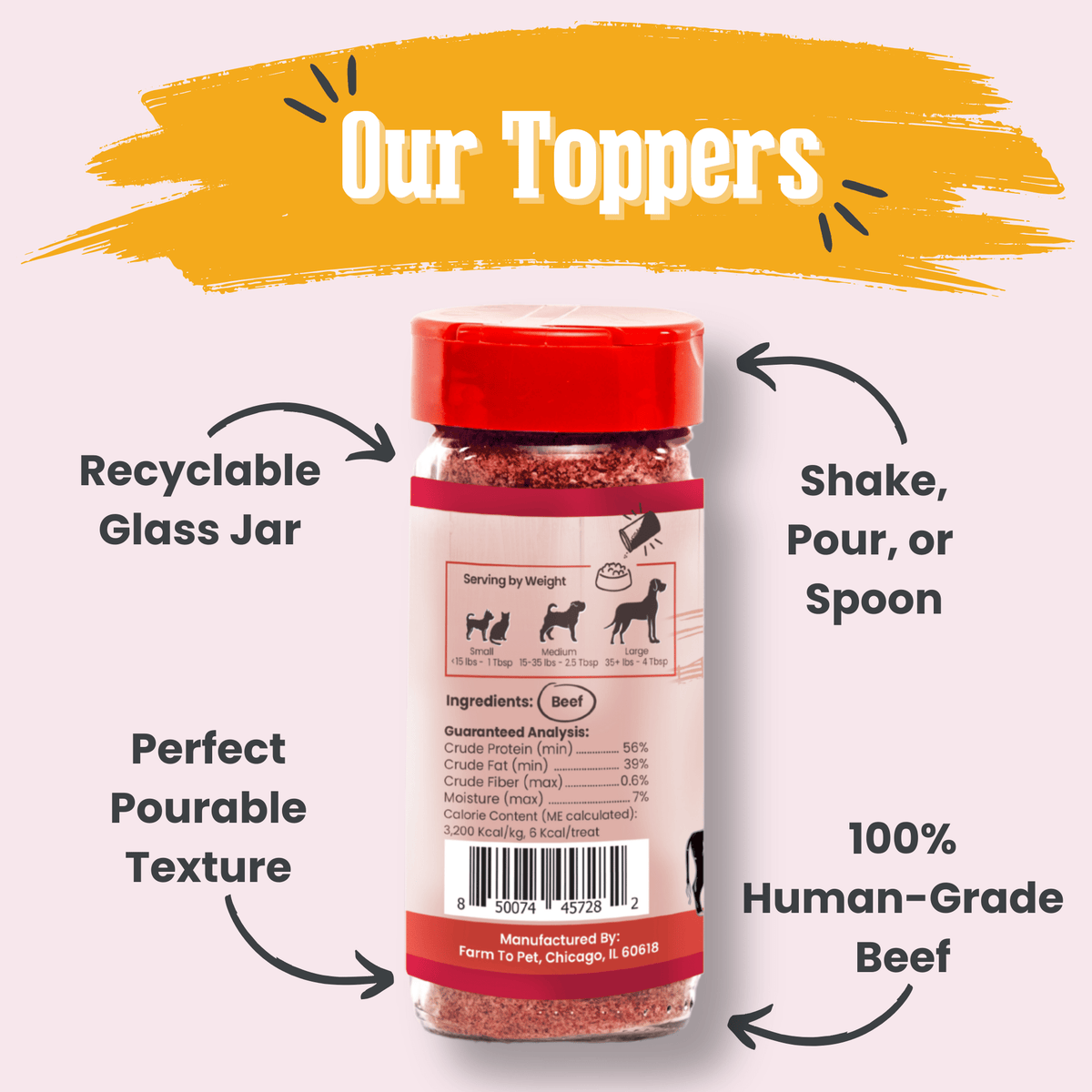 Farm To Pet beef dog treat topper in powdered form, designed as a premium meal enhancer for pet dogs.