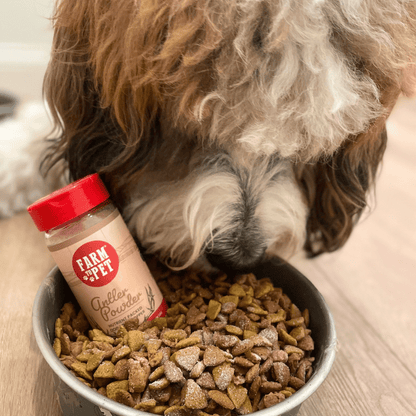 Farm To Pet elk antler powder dog food topper, a healthy nutritional supplement for dogs and cats with natural antler ingredients.