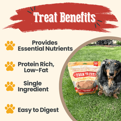All-natural chicken chips for dogs by Farm To Pet, single-ingredient dog treats in a 12oz bag, crispy and healthy snack option.