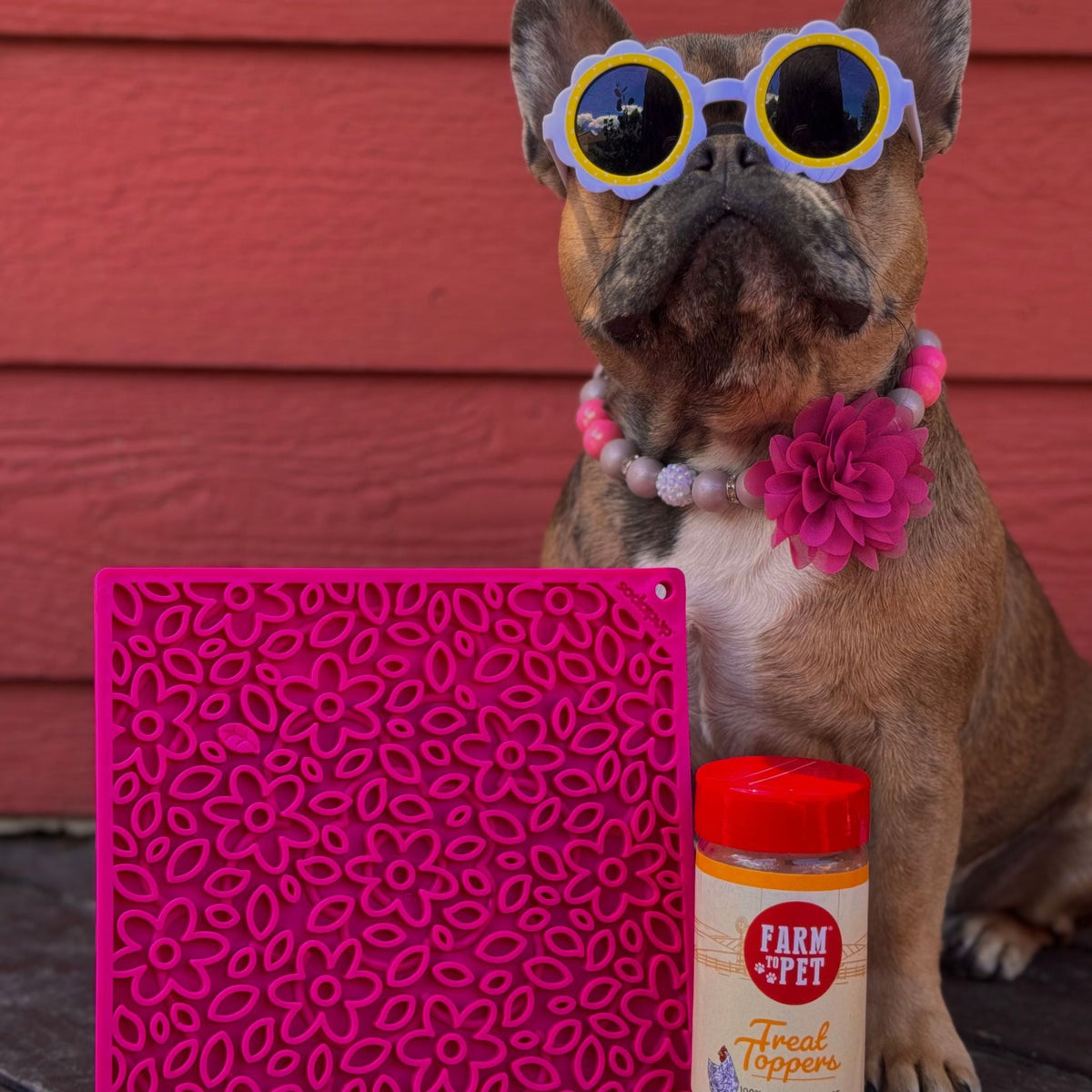 Farm To Pet Large Square Dog Lick Mat in Pink Flower Power design with dog sunglasses