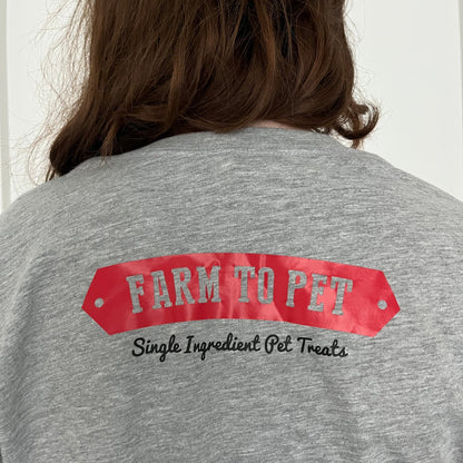 Gray Farm to Pet logo T-shirt featuring a front graphic and back design, made of comfortable cotton for pet lovers.