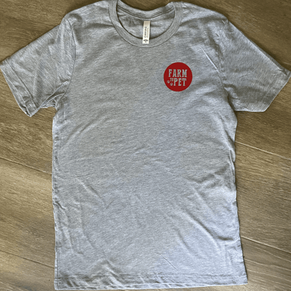 Gray Farm to Pet logo T-shirt featuring a front-facing view with a casual fit and branded design.