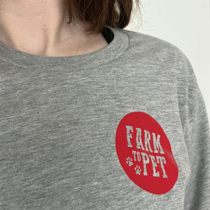 Gray Farm to Pet logo T-shirt for pets, featuring a comfortable cotton fabric and stylish farm-inspired design on the front.