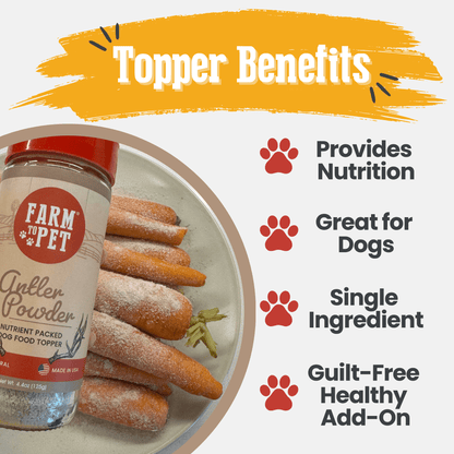 Farm to Pet antler powder dog and cat food topper, natural nutritional supplement with antler benefits for pets.