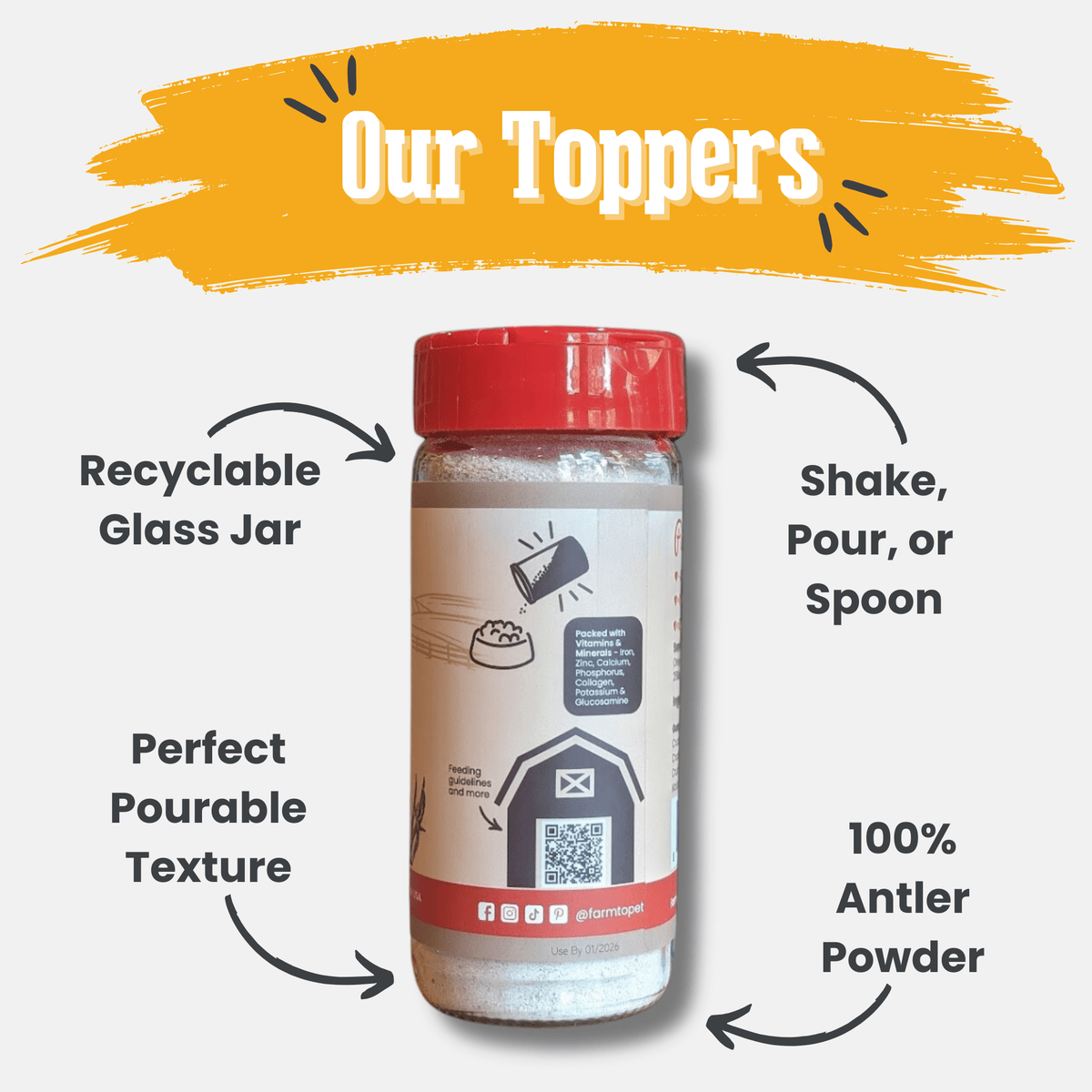 Farm To Pet Antler Powder Topper for dogs and cats, a nutritional supplement with natural antler ingredients in a resealable bag.
