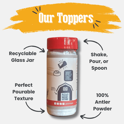 Farm To Pet Antler Powder Topper for dogs and cats, a nutritional supplement with natural antler ingredients in a resealable bag.