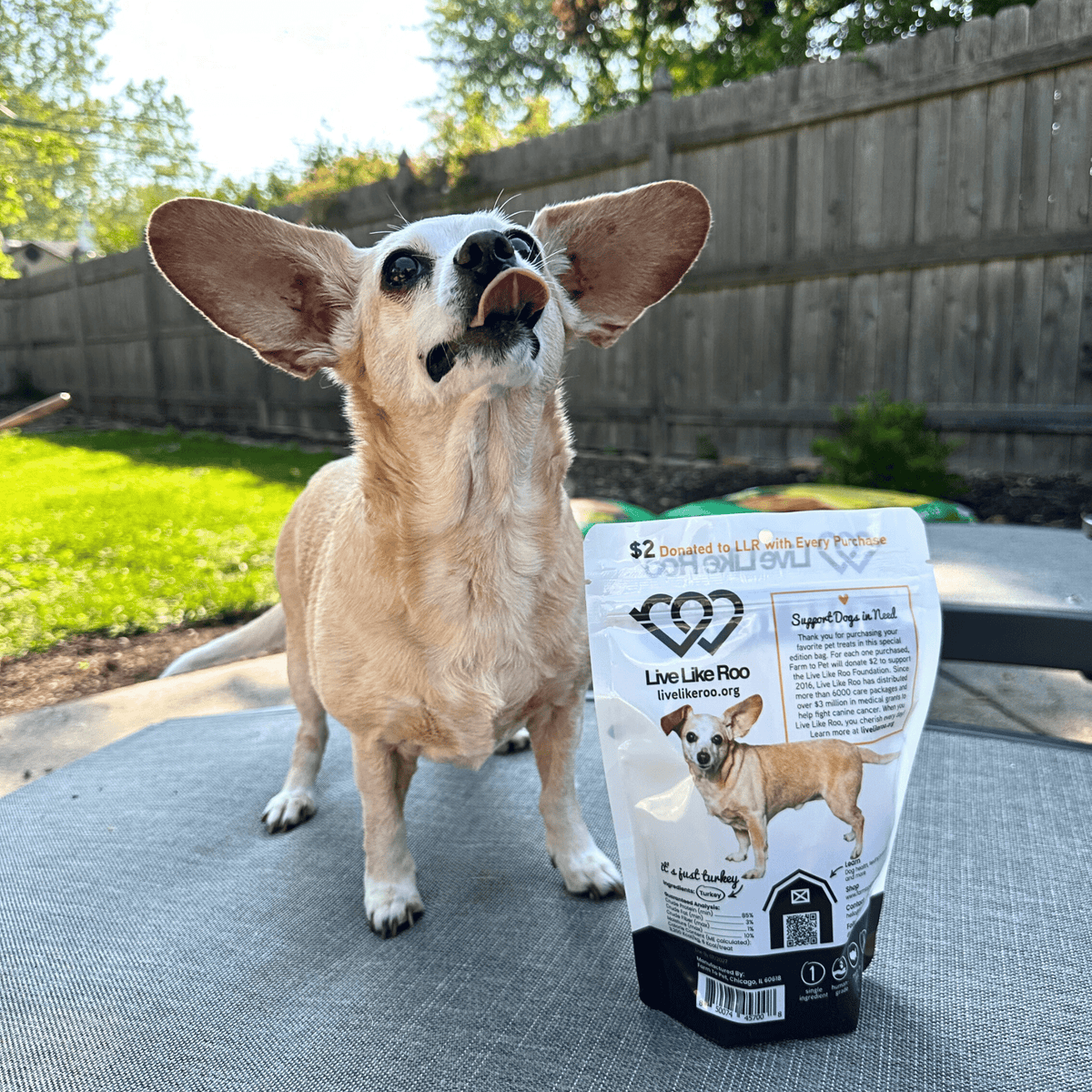 Farm To Pet Live Like Roo Turkey Chips for Dogs, 4oz, natural dog treats made from turkey, with a focus on giving back.