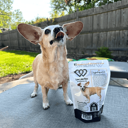 Farm To Pet Live Like Roo Turkey Chips for Dogs, 4oz, natural dog treats made from turkey, with a focus on giving back.