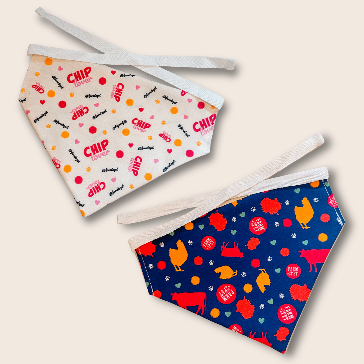 Farm To Pet tie-on dog bandana with adjustable string, featuring a stylish fabric design on a dog wearing it.