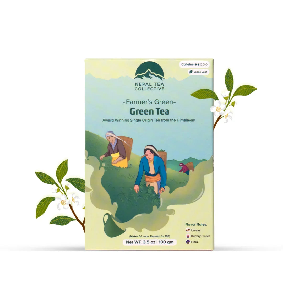 Organic Farmers' Green Tea from Nepal Tea, featuring fresh green tea leaves held by a farmer in a lush outdoor setting.