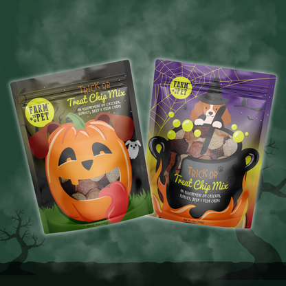 Farm To Pet Halloween dog treat chips in a 12oz bag, colorful trick-or-treat themed package with all-natural ingredients.