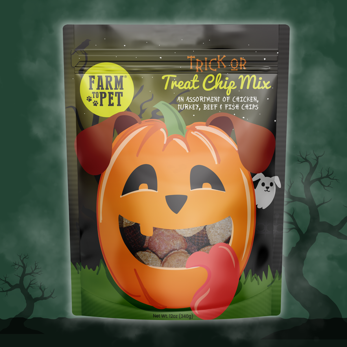 Farm To Pet Halloween Dog Treats Trick or Treat Chip mix in a 12oz bag, all-natural and healthy treats for dogs.
