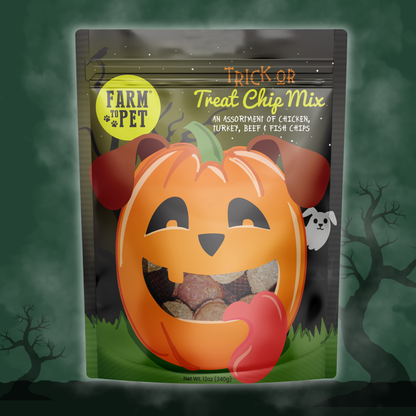Farm To Pet Halloween Dog Treats Trick or Treat Chip mix in a 12oz bag, all-natural and healthy treats for dogs.
