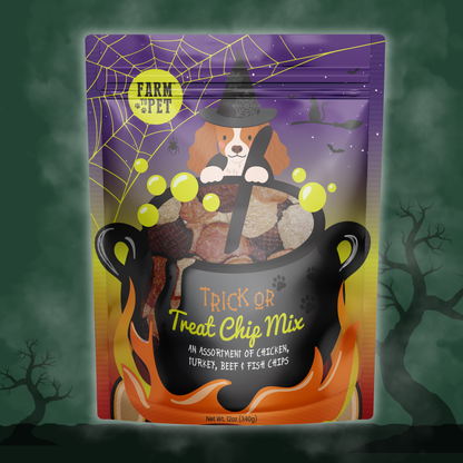 Farm To Pet Halloween Dog Treats Trick or Treat Chip mix in a 12oz bag, all-natural healthy treats for dogs with festive Halloween shapes.