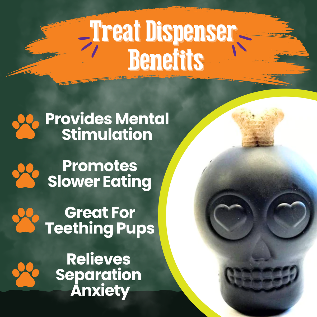 Black skull-shaped dog treat dispenser by Farm To Pet, designed to hold and dispense dog treats during play and training.