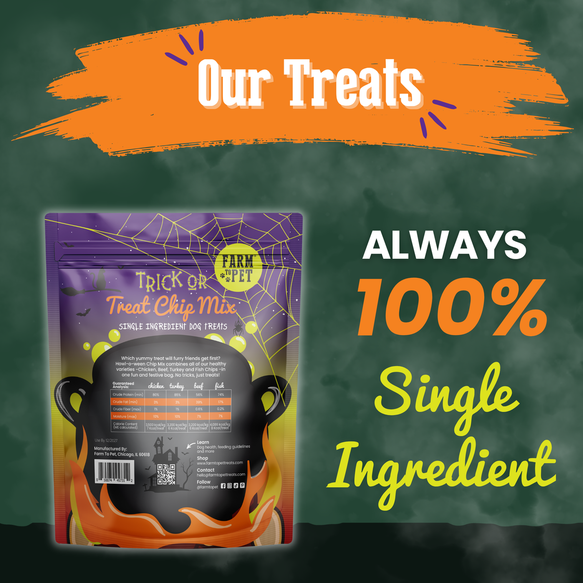 Farm To Pet Trick or Treat Chip Mix Halloween dog treats in colorful packaging, showcasing festive Halloween-themed design.
