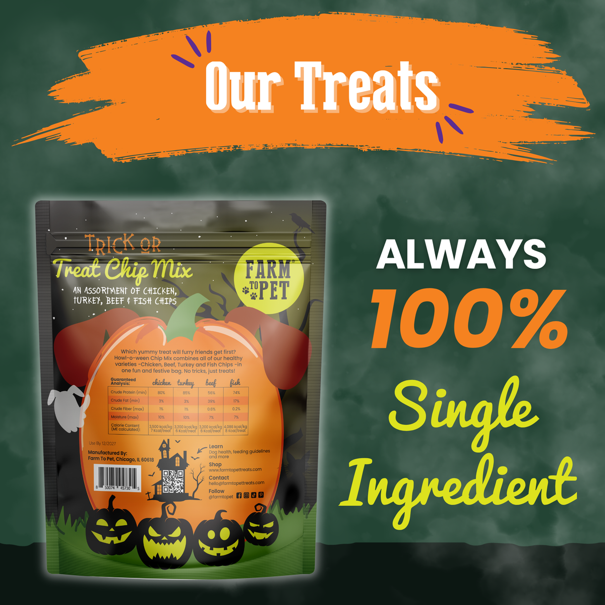 Farm To Pet Trick or Treat Chip Mix for Halloween dog treats, showing colorful treat bags with festive Halloween design.