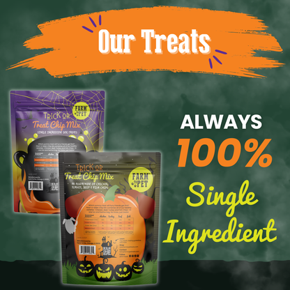 Farm To Pet Trick or Treat Chip Mix Halloween dog treats in colorful packaging, featuring spooky Halloween-themed designs.