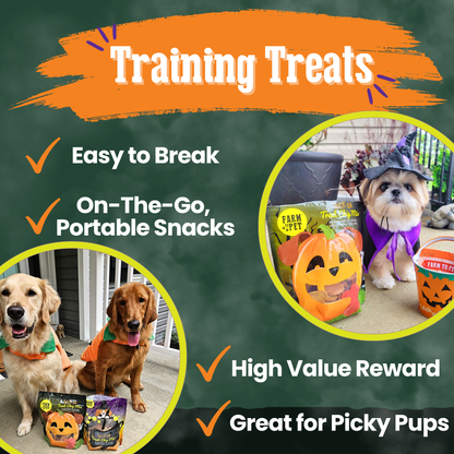 Farm To Pet Halloween dog treat chips with Trick or Treat design, made for training and snacking, in a festive snack pack.