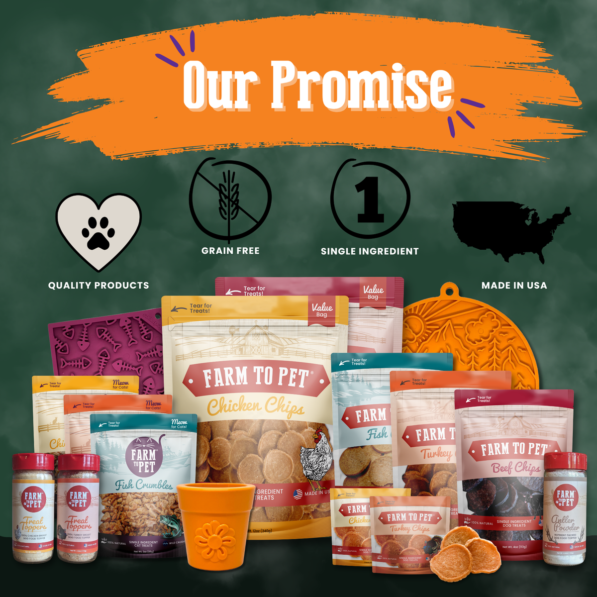 Farm To Pet Trick or Treat Halloween dog chip treats in festive packaging, heart-healthy ingredients, suitable for dogs.
