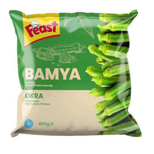 Canned Feast Okra (Donuk Bamya) by S101 in a 450g can, showing fresh green okra pods inside the sealed container.
