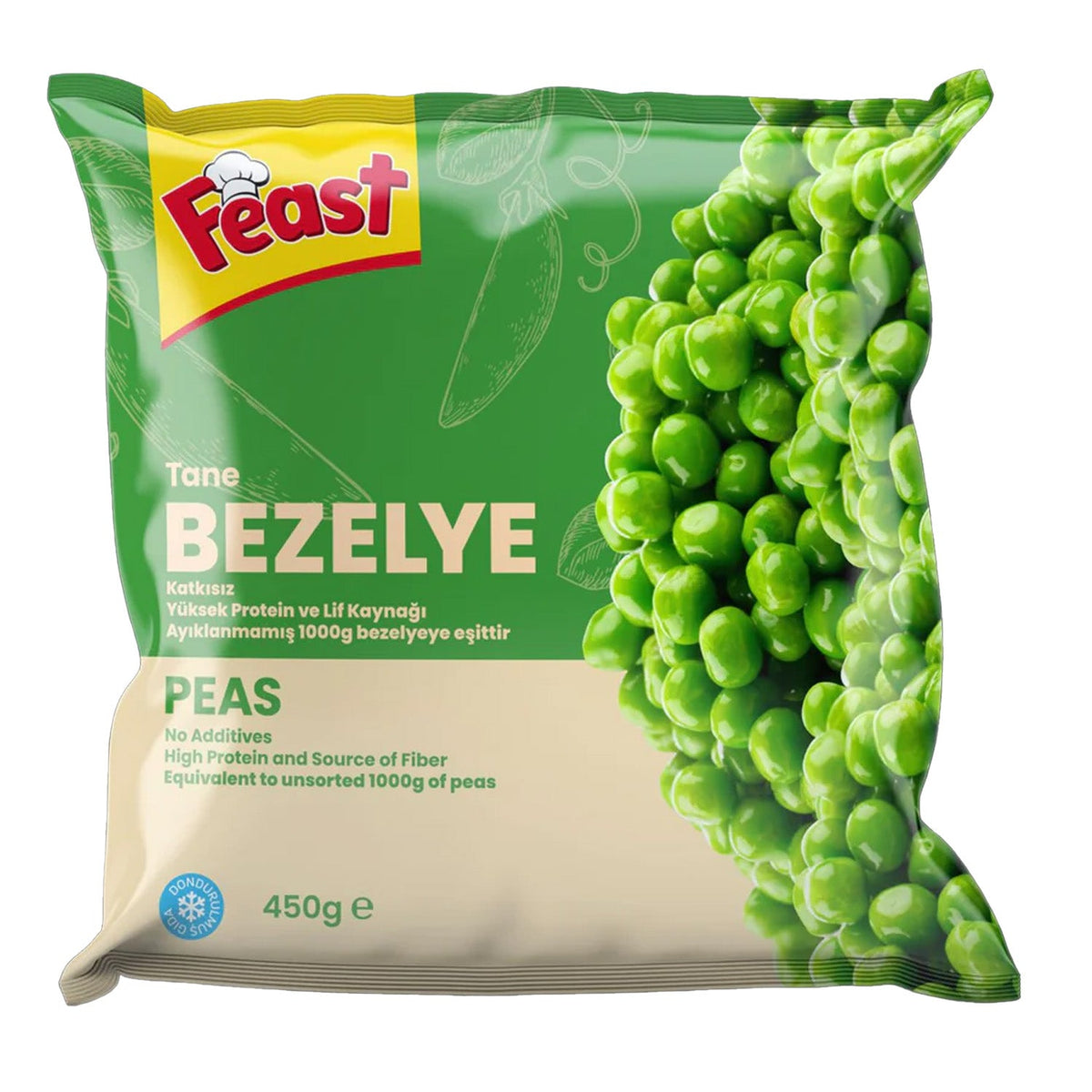 Canned Feast Donuk Bezelye peas in 450g container, showing bright green cooked peas ready for meal preparation.