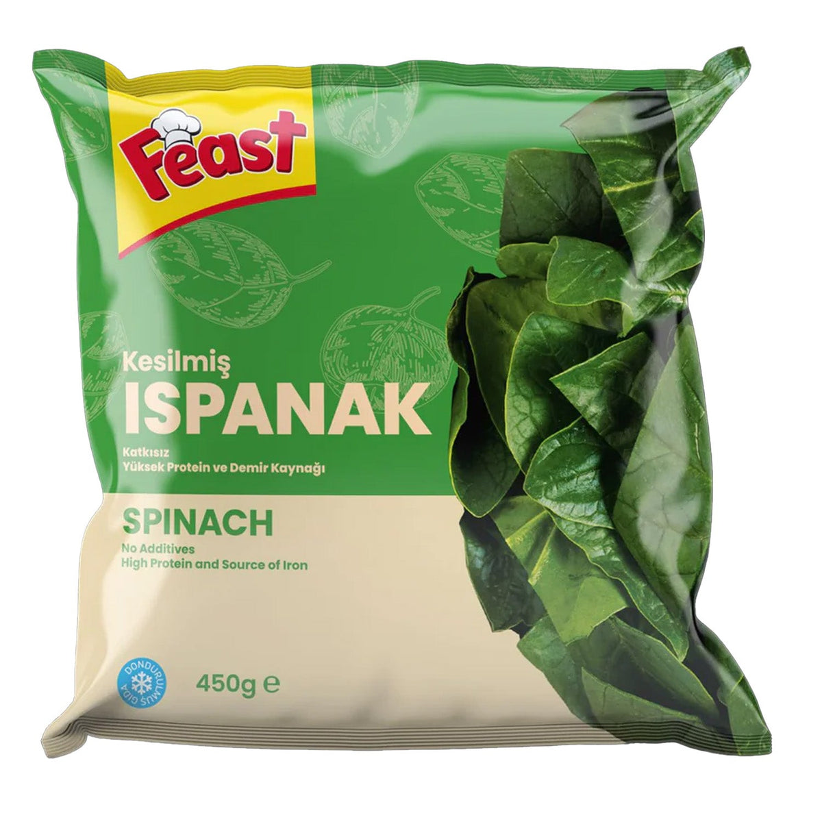 Fresh Feast Donuk Ispanak (spinach) in a 450g package from S101, showing vibrant, frozen spinach leaves.
