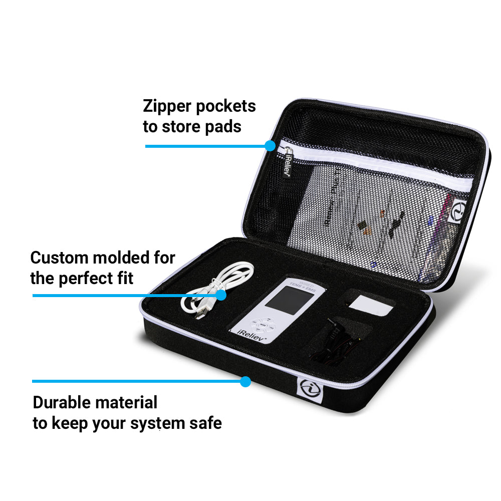 iReliev Hard Protective Carry Case for TENS and EMS devices, durable accessory for secure storage and transport.