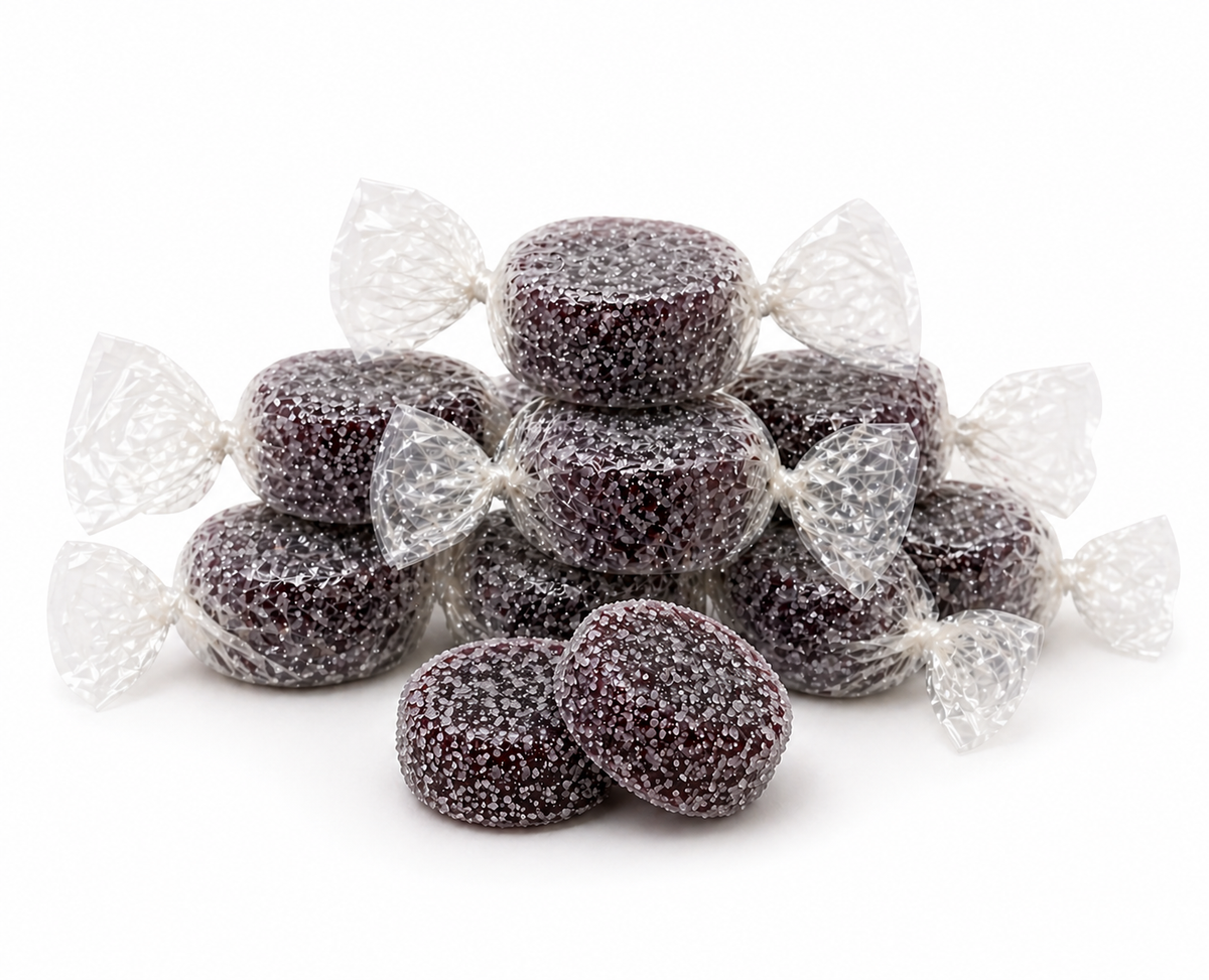 Fida Bonelle sugar-free licorice flavored jelly candies in a bulk value bag, showcasing colorful, chewy candy pieces.