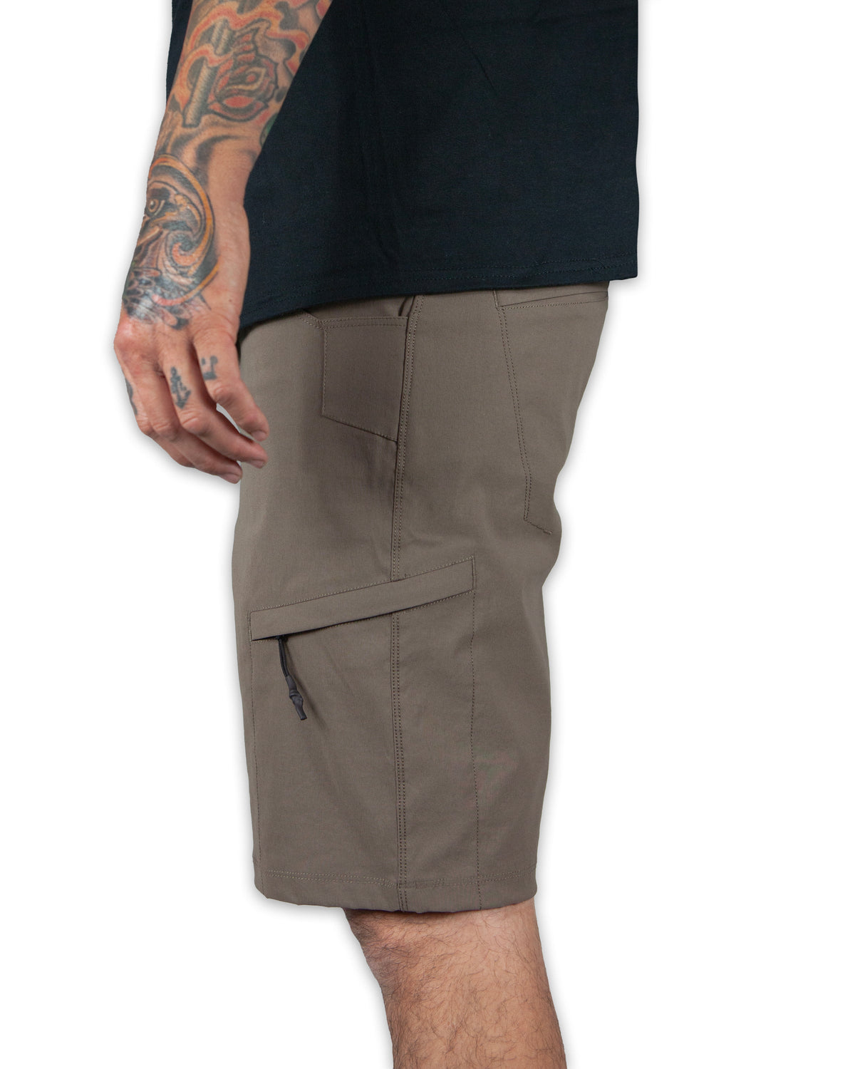 Off The Grid Surplus Field Shorts in Deadwood color, durable cotton fabric with multiple pockets for outdoor activities.