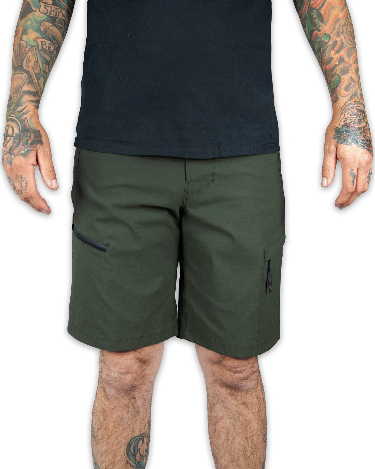 Dark army green field shorts by Off The Grid Surplus featuring multiple cargo pockets and durable fabric.
