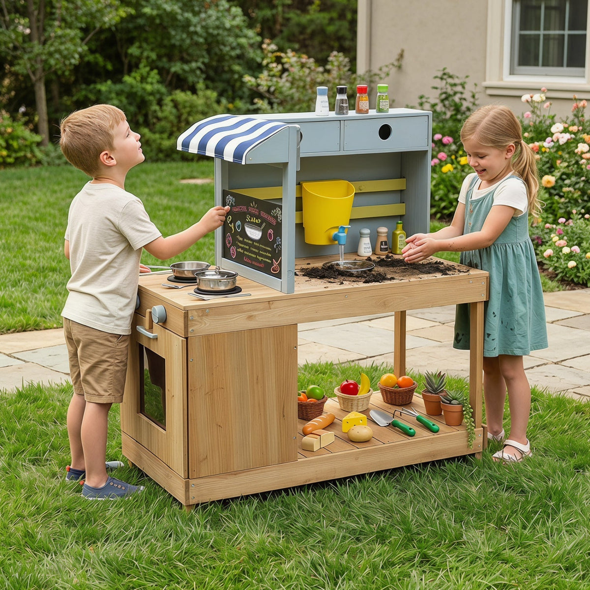 Kids wooden mud kitchen playset with canopy and faucet, made of fir wood, ideal for outdoor pretend play.