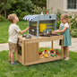 Kids wooden mud kitchen playset with canopy and faucet, made of fir wood, ideal for outdoor pretend play.