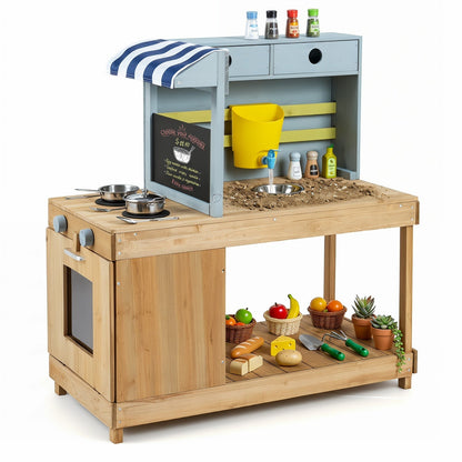 Kids wooden mud kitchen playset with canopy, faucet, and shelves, featuring natural fir wood and colorful accessories.