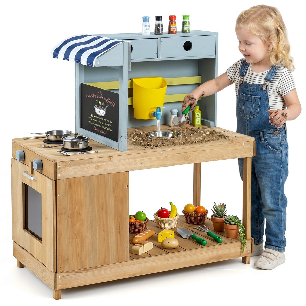 Kids wooden mud kitchen playset with canopy, faucet, and realistic cooking accessories for outdoor imaginative play.