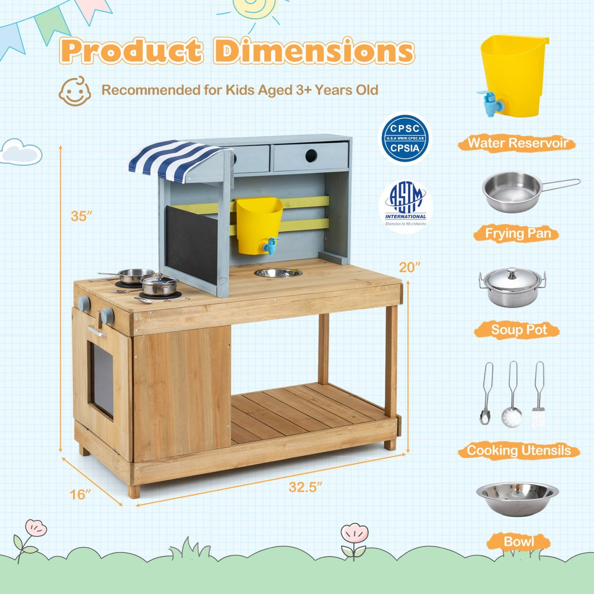 Kids wooden mud kitchen playset with canopy and faucet, featuring a rustic fir wood design for outdoor imaginative play
