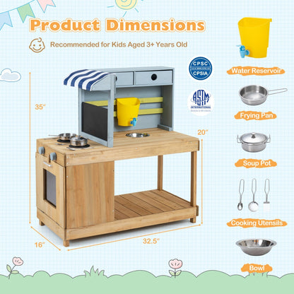 Kids wooden mud kitchen playset with canopy and faucet, featuring a rustic fir wood design for outdoor imaginative play