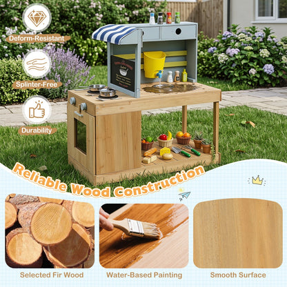 Kids wooden mud kitchen playset with canopy and faucet, featuring a wooden sink, countertop, and playful outdoor design.