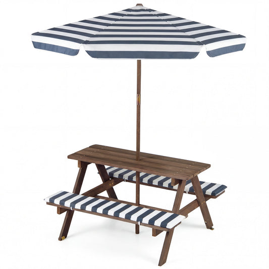 Fir wood kids picnic table with two built-in benches and a colorful umbrella, ideal for outdoor play and family gatherings.