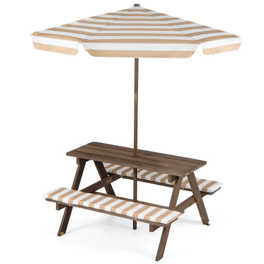 Fir wood kids picnic table with two built-in benches and a colorful umbrella, ideal for outdoor play and family gatherings.