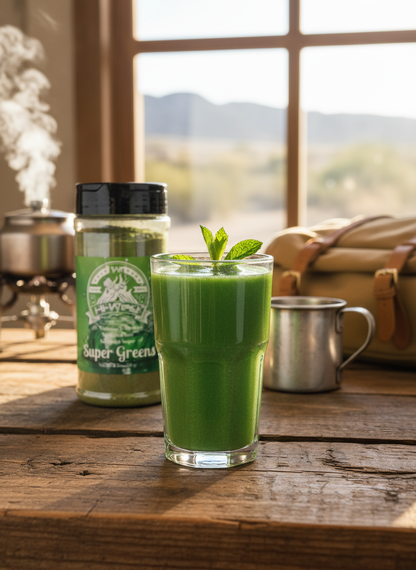 Glass of vibrant green Hi-West Super Greens Drink Mix in a tall glass, showcasing its fresh, leafy green color and smooth texture.