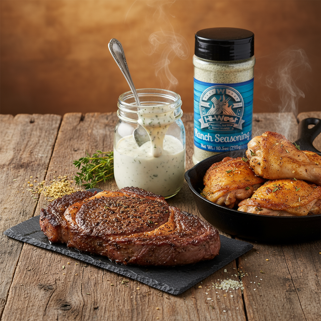 Close-up of Hi-West Ranch Seasoning jar on a weathered wooden table, showcasing the spice container with label visible.