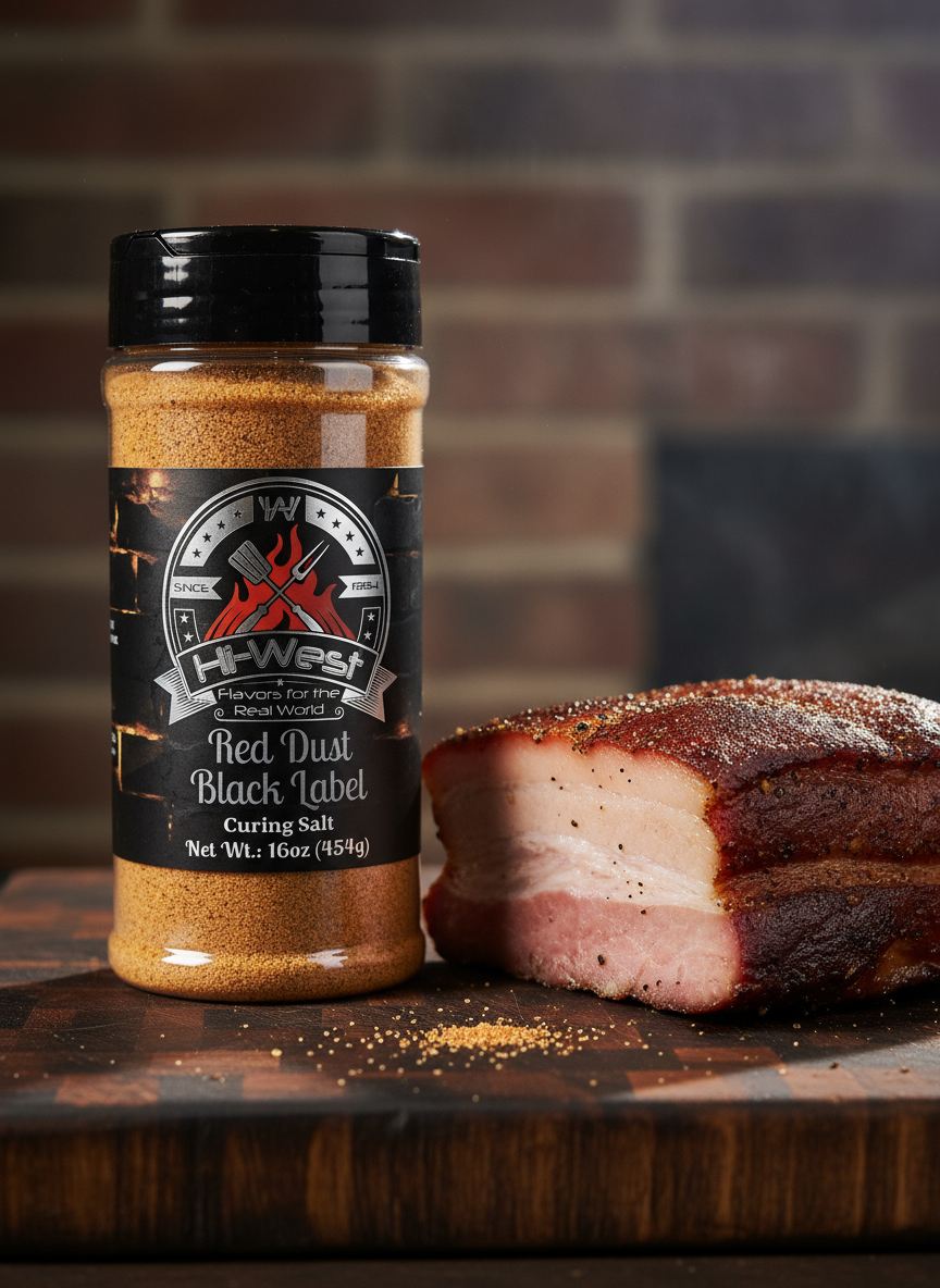 Hi-West Red Dust Black Label Curing Salt for curing meats, shown next to smoked pork belly on a white surface.