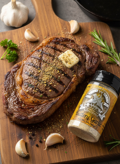 Jar of Hi-West Buttery Garlic Seasoning from Hi-West Foods, Inc., featuring a colorful label and seasoning granules inside.