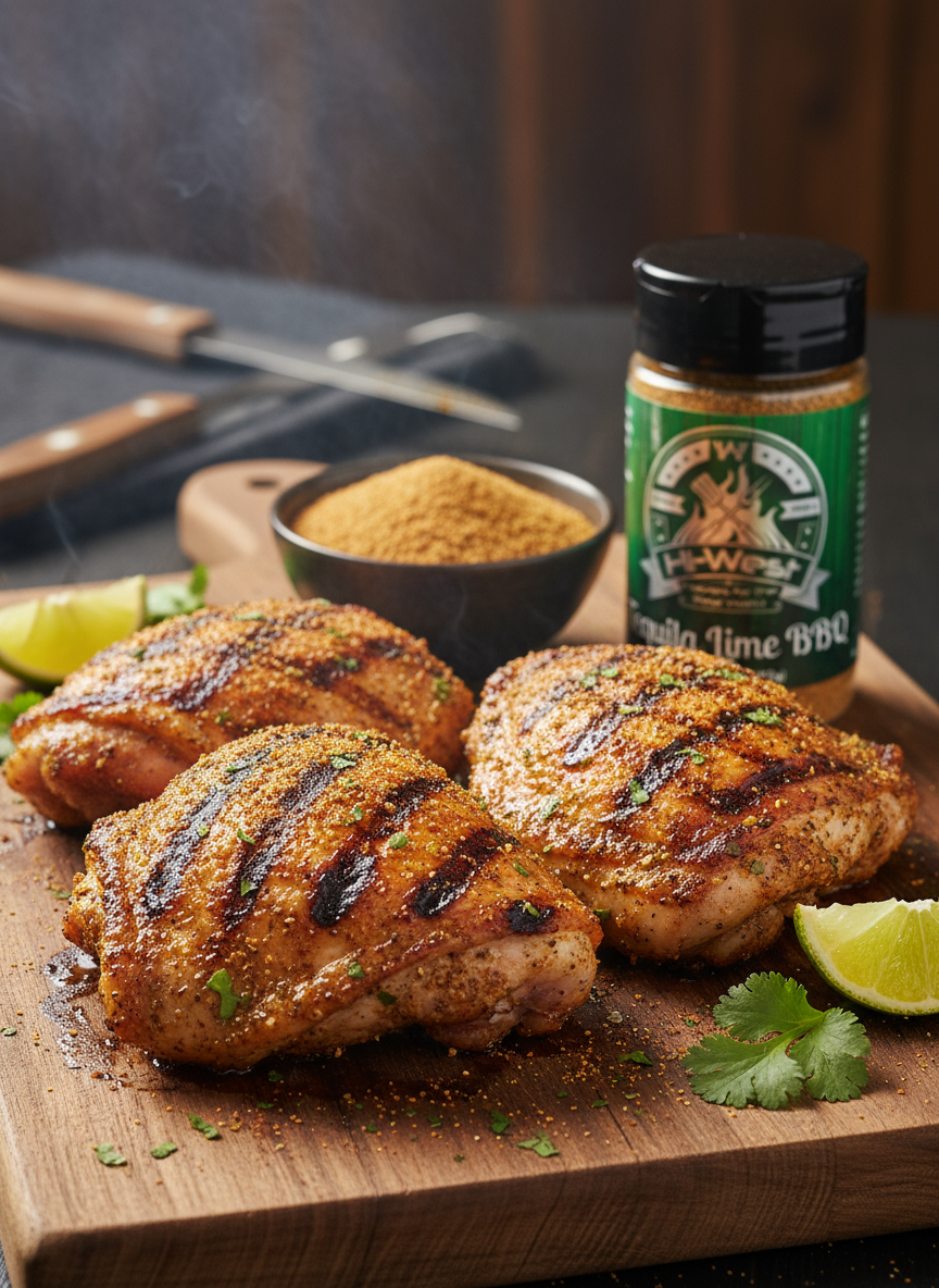 Hi-West Tequila Lime BBQ seasoning jar from the Seasonings & Spices category, with a vibrant label and branding.