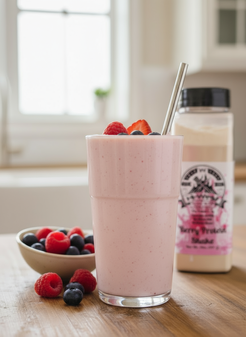 Hi-West Berry Protein Shake bottle with strawberry milk flavor, featuring vibrant packaging and branding on the label.