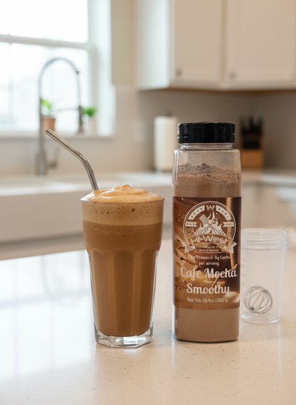 Hi-West Cafe Mocha Protein Shake in a glass on a kitchen counter, showcasing the creamy coffee-flavored drink from Hi-West Foods.